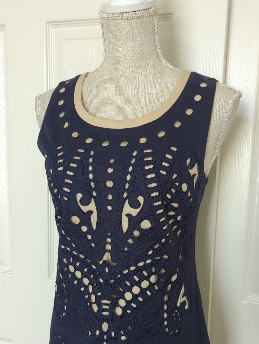 I. Madeline Navy Laser-Cut Mini Dress with Nude Underlay - Picture 2 of 8
